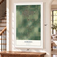 Auburn, Illinois map, 24 x 36 inch print in a white frame by a staircase