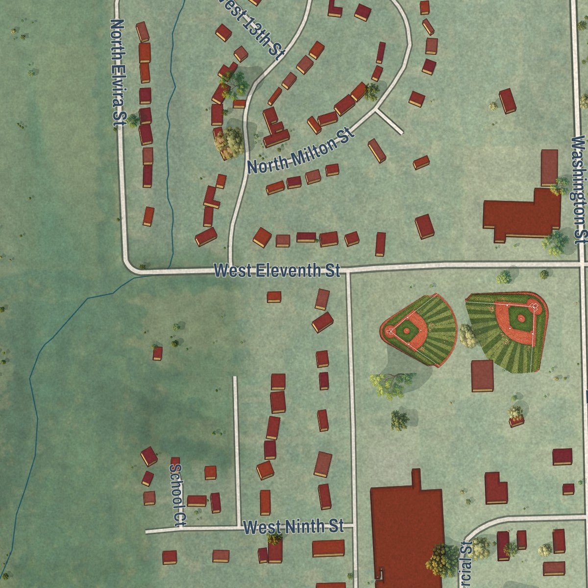 Second close-up of the map of Auburn, Kansas print showing more streets and buildings