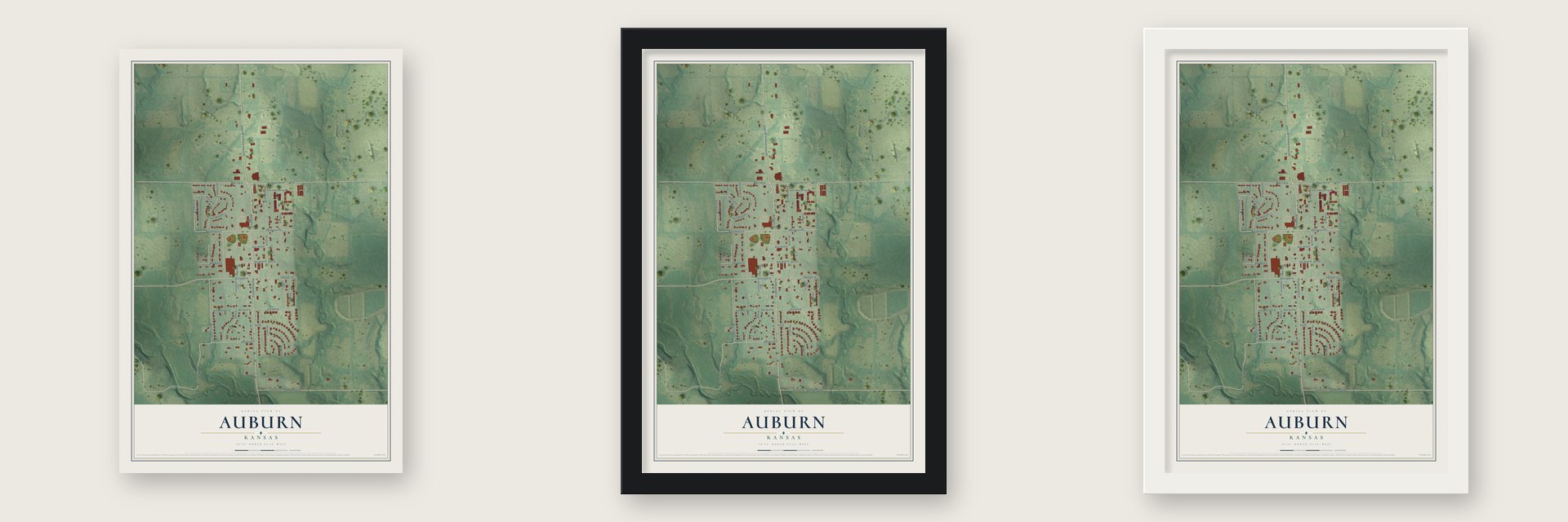 Auburn, Kansas map unframed, in a black wood frame and in a white wood frame