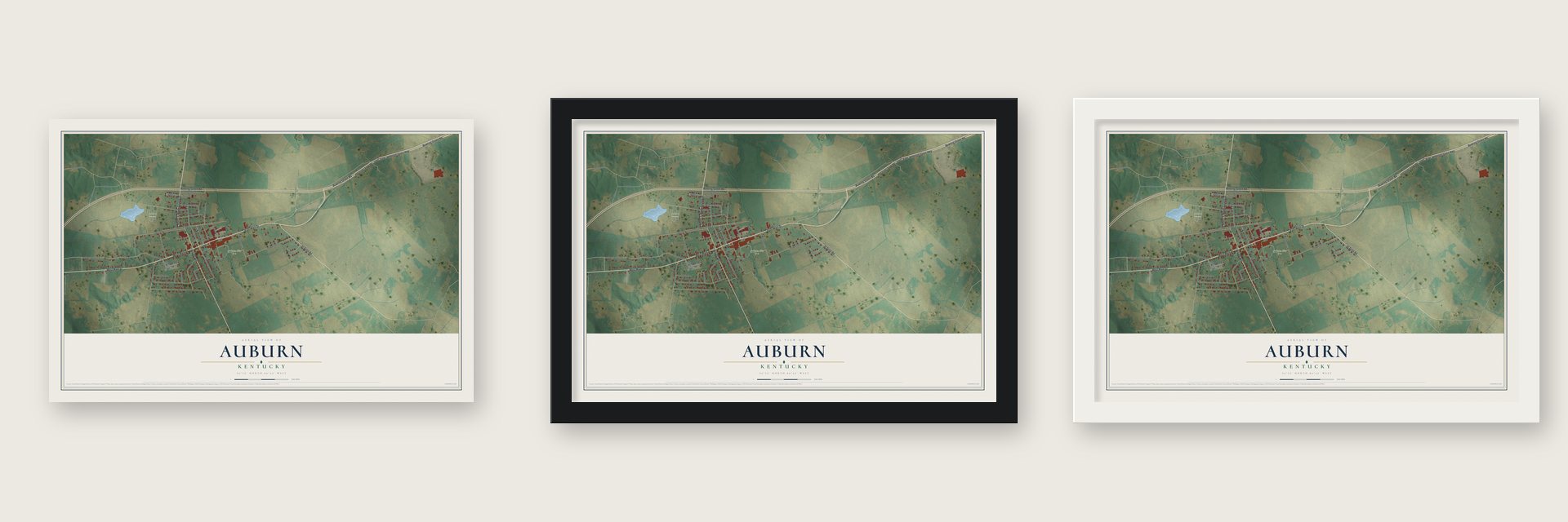 Auburn, Kentucky map unframed, in a black wood frame and in a white wood frame
