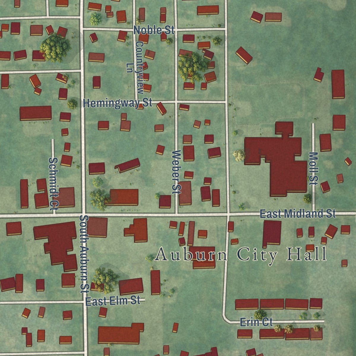 Second close-up of the map of Auburn, Michigan print showing more streets and buildings