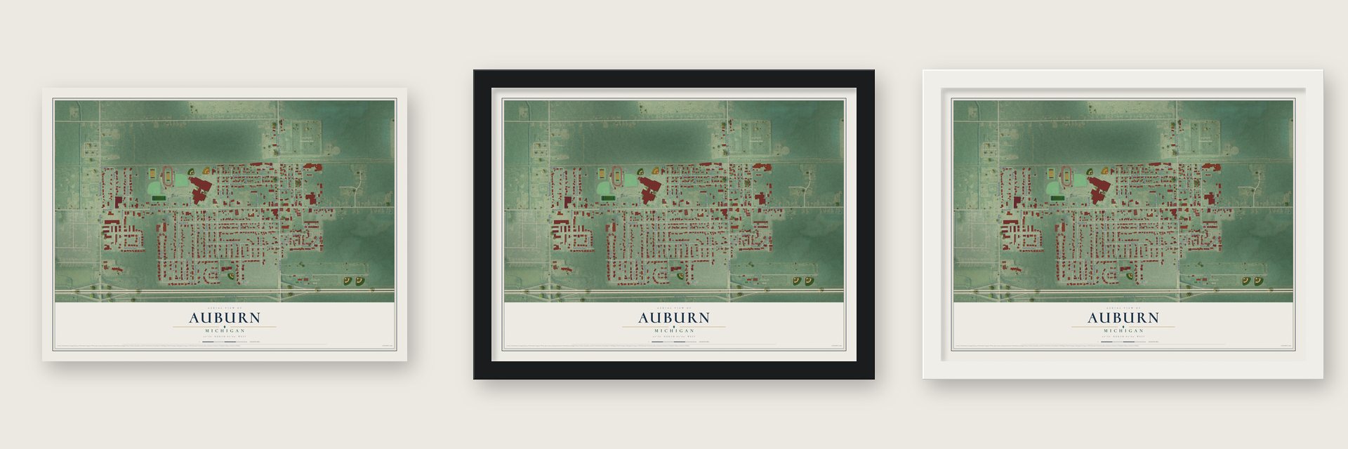 Auburn, Michigan map unframed, in a black wood frame and in a white wood frame