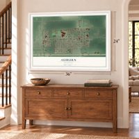 Auburn, Michigan map, 24 x 36 inch print in a white frame above a dresser by a staircase