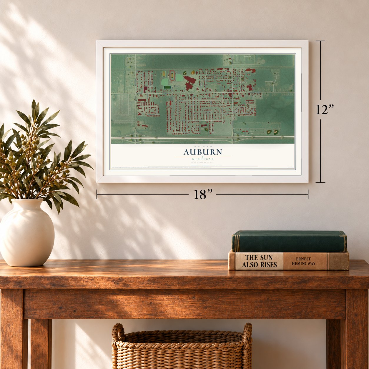 Auburn, Michigan map, 12 x 18 inch print in a white frame in an entryway