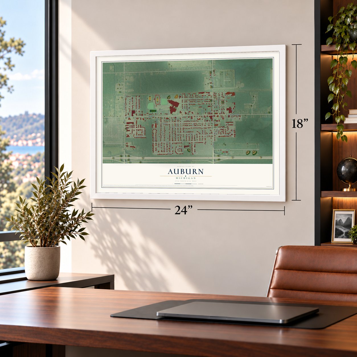 Auburn, Michigan map, 18 x 24 inch print in a white frame in a home office