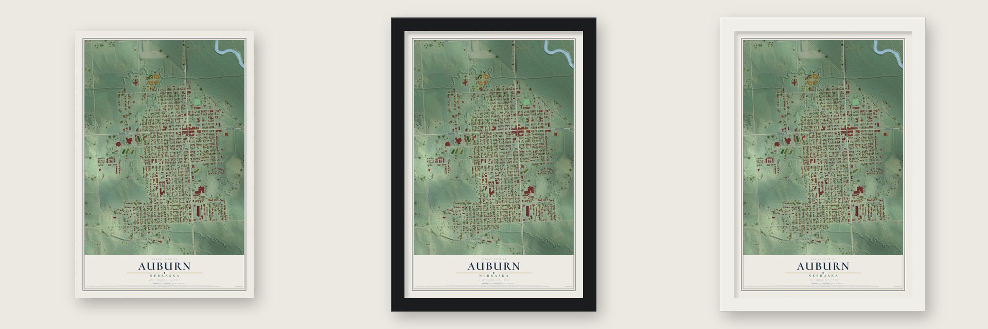 Auburn, Nebraska map unframed, in a black wood frame and in a white wood frame