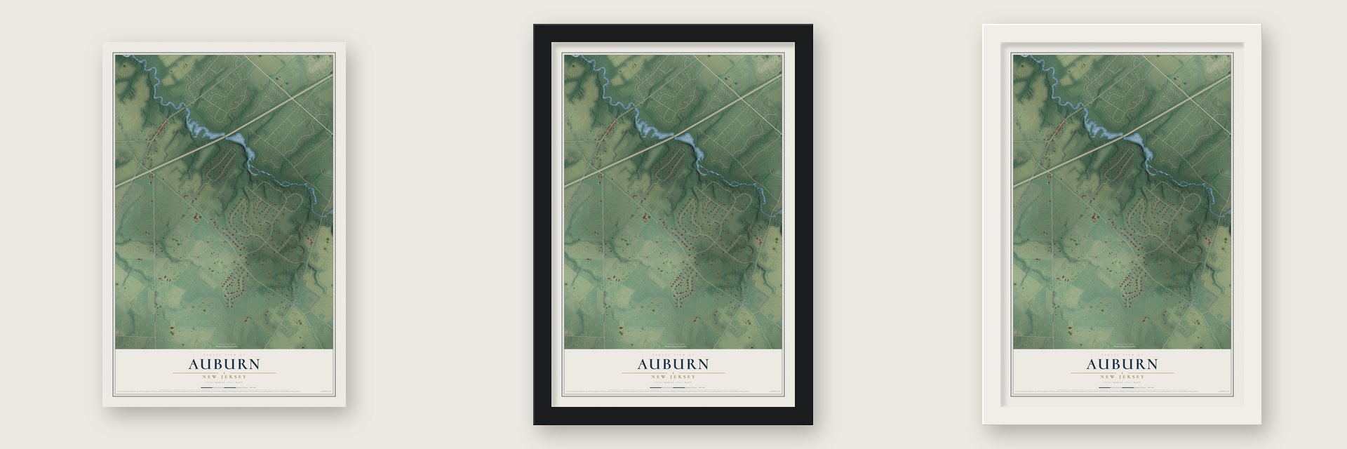 Auburn, New Jersey map unframed, in a black wood frame and in a white wood frame
