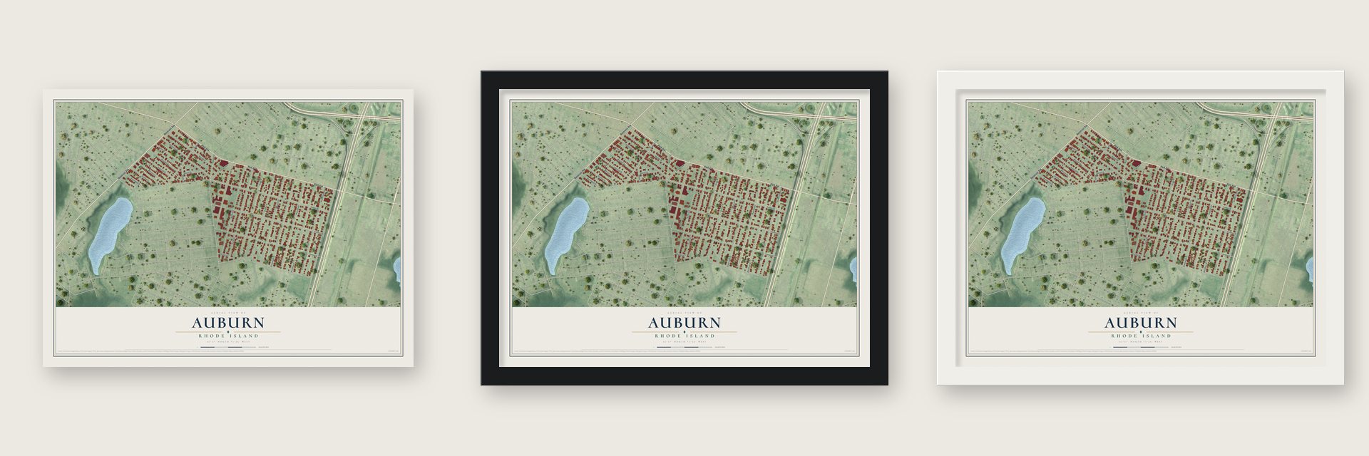 Auburn, Rhode Island map unframed, in a black wood frame and in a white wood frame