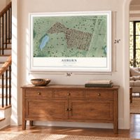 Auburn, Rhode Island map, 24 x 36 inch print in a white frame above a dresser by a staircase