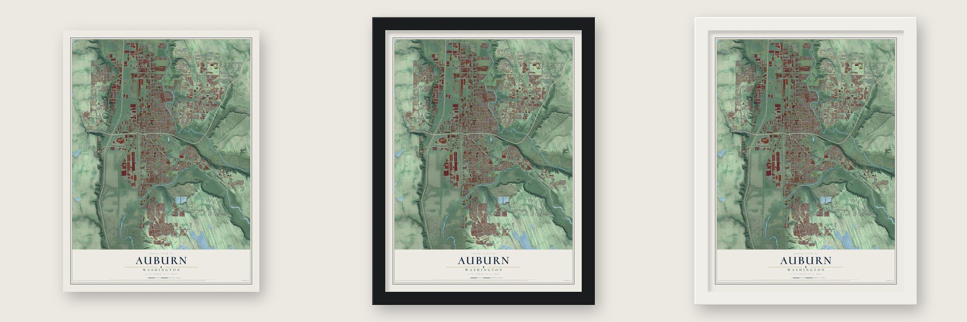 Auburn, Washington map unframed, in a black wood frame and in a white wood frame
