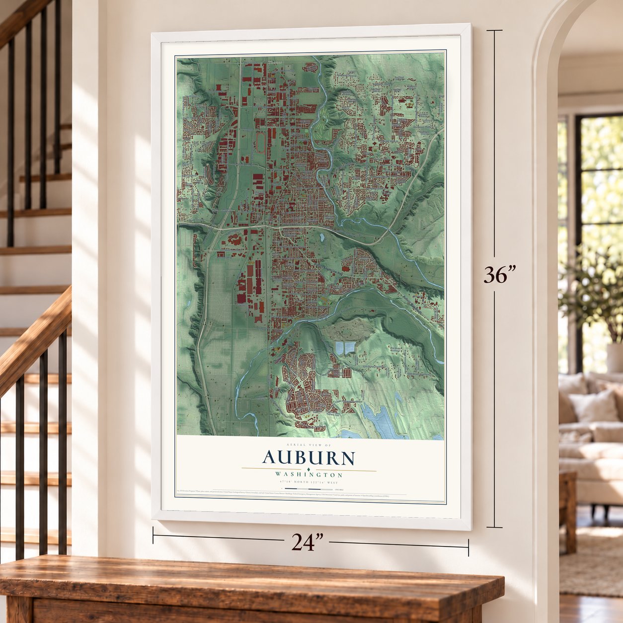 Auburn, Washington map, 24 x 36 inch print in a white frame by a staircase
