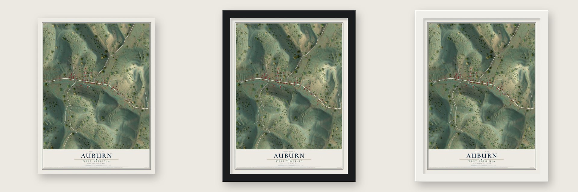 Auburn, West Virginia map unframed, in a black wood frame and in a white wood frame