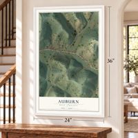 Auburn, West Virginia map, 24 x 36 inch print in a white frame by a staircase