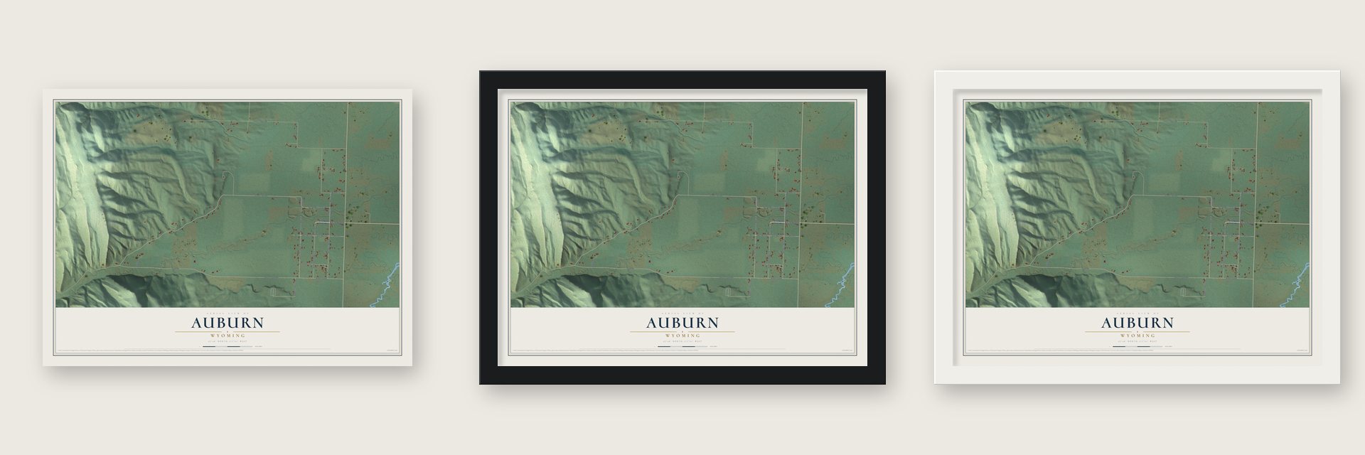 Auburn, Wyoming map unframed, in a black wood frame and in a white wood frame