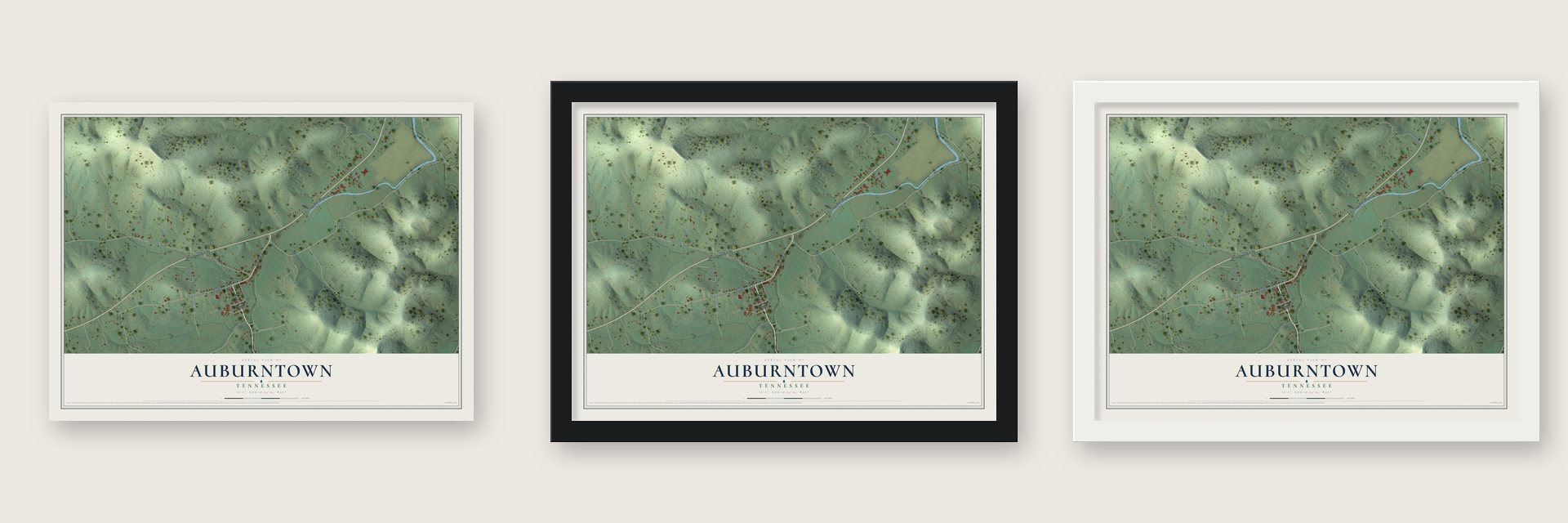 Auburntown, Tennessee map unframed, in a black wood frame and in a white wood frame