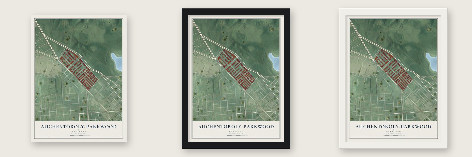 Auchentoroly-Parkwood, Maryland map unframed, in a black wood frame and in a white wood frame