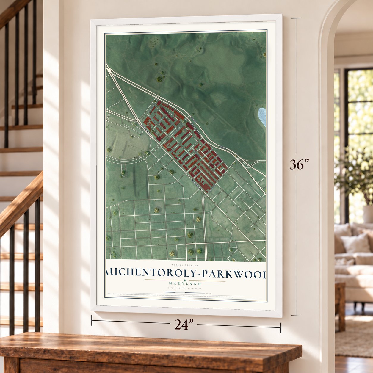Auchentoroly-Parkwood, Maryland map, 24 x 36 inch print in a white frame by a staircase