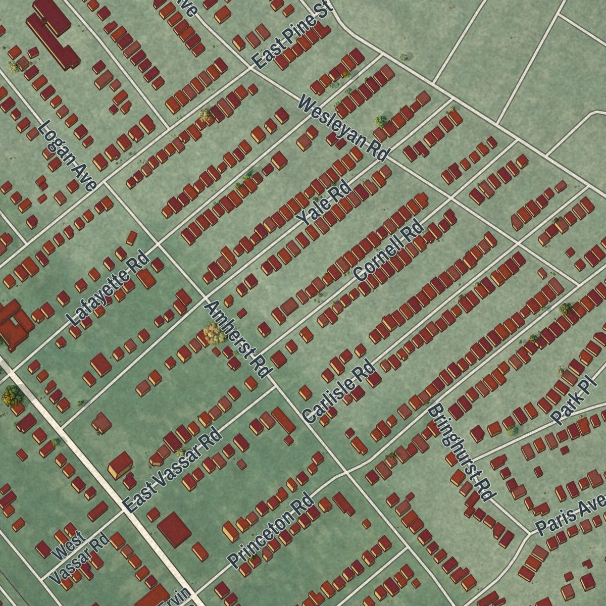 Second close-up of the map of Audubon, New Jersey print showing more streets and buildings