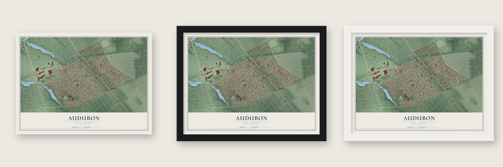 Audubon, New Jersey map unframed, in a black wood frame and in a white wood frame