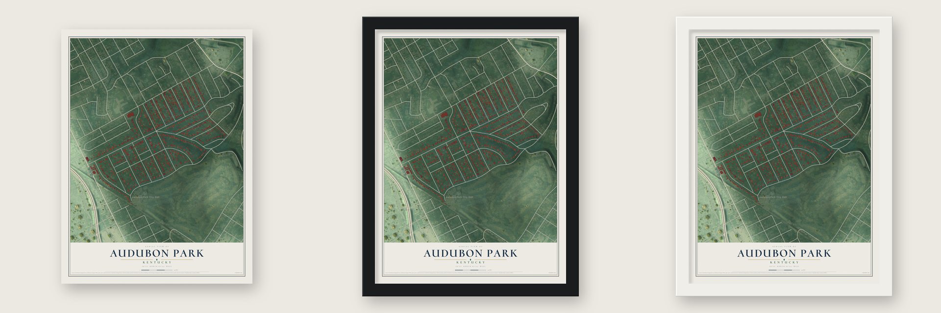 Audubon Park, Kentucky map unframed, in a black wood frame and in a white wood frame