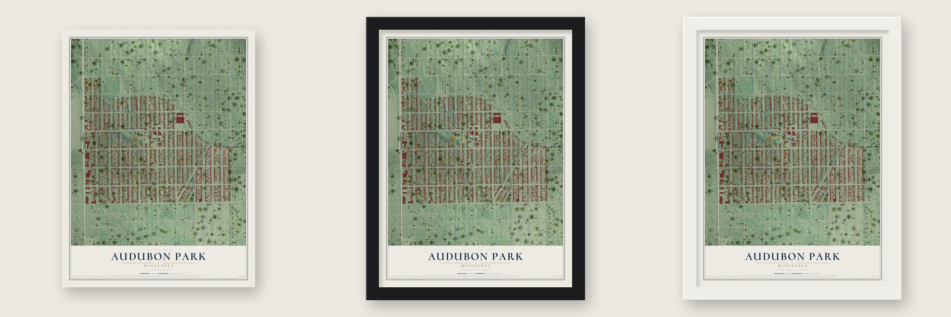 Audubon Park, Minnesota map unframed, in a black wood frame and in a white wood frame