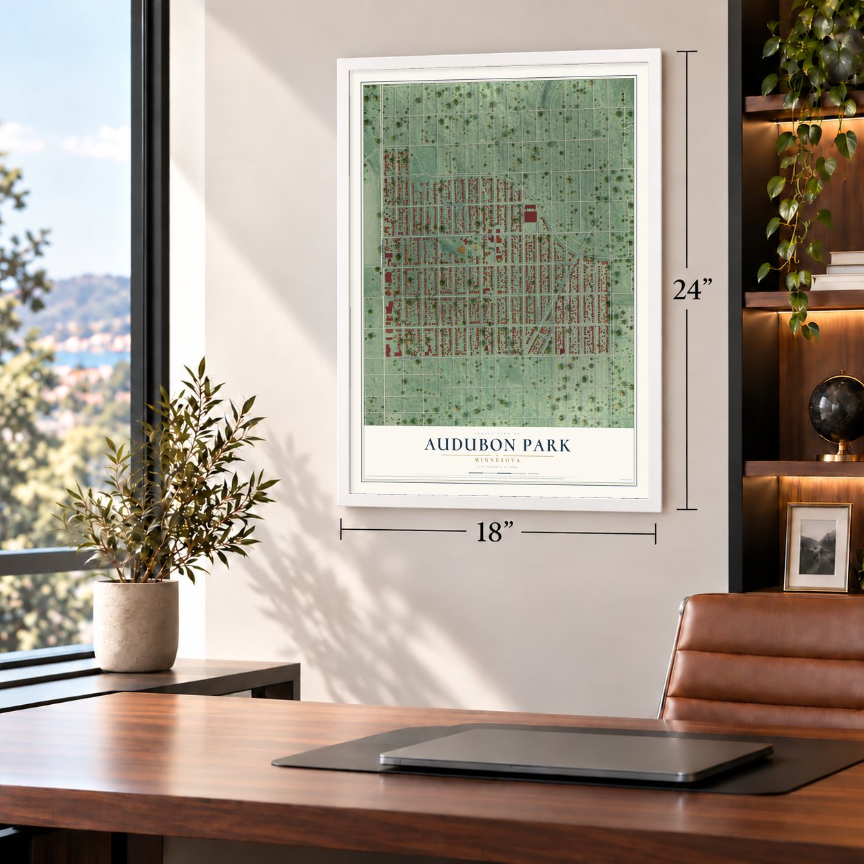 Audubon Park, Minnesota map, 18 x 24 inch print in a white frame in a home office