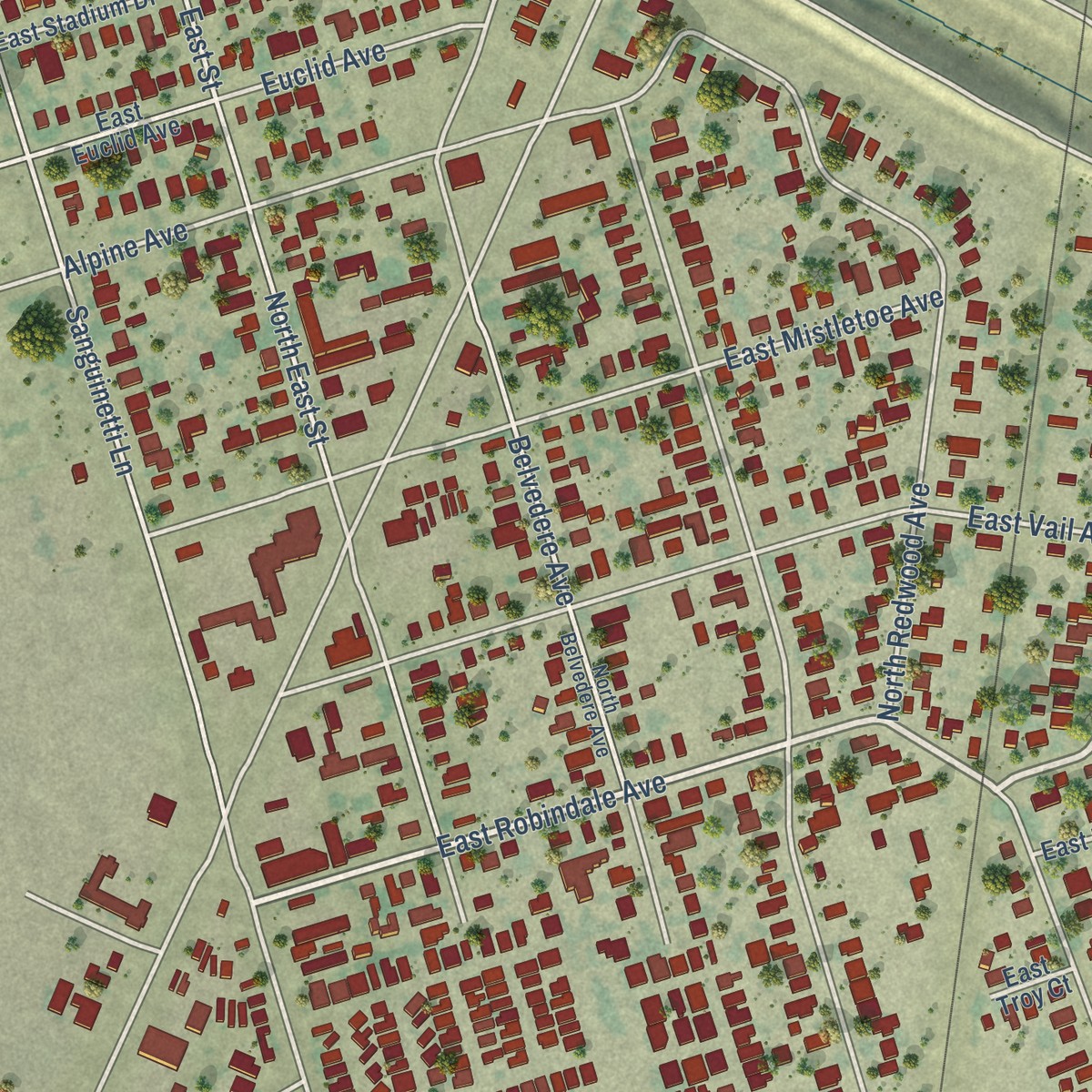 Second close-up of the map of August, California print showing more streets and buildings