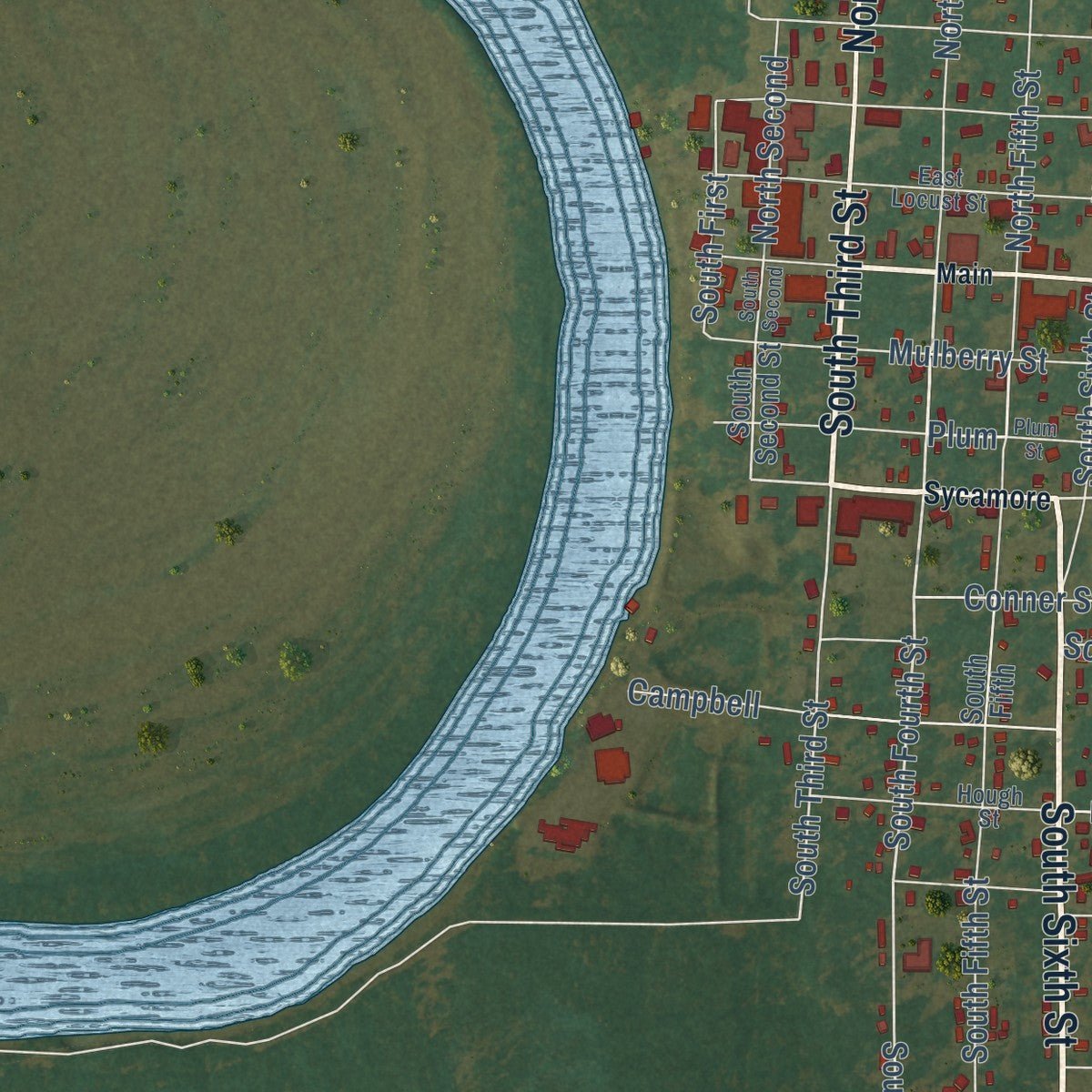 Second close-up of the map of Augusta, Arkansas print showing more streets and buildings