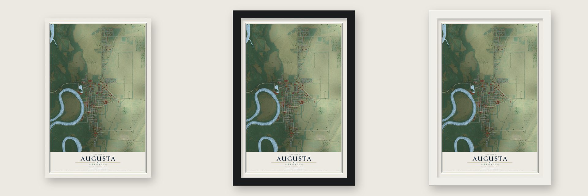 Augusta, Arkansas map unframed, in a black wood frame and in a white wood frame