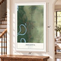 Augusta, Arkansas map, 24 x 36 inch print in a white frame by a staircase