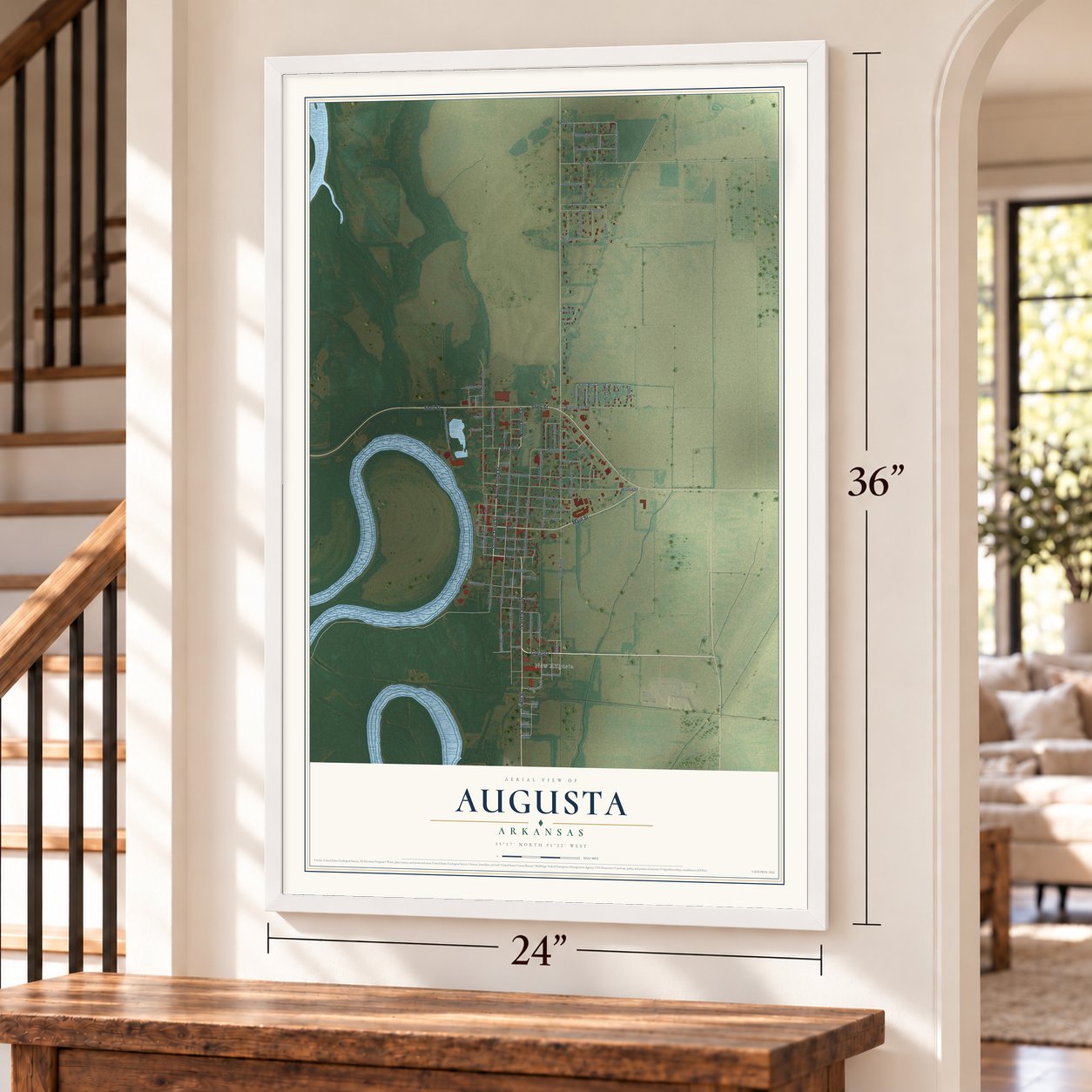 Augusta, Arkansas map, 24 x 36 inch print in a white frame by a staircase