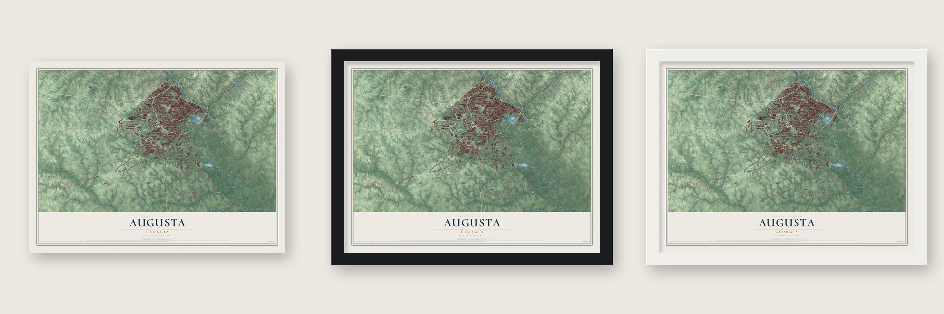 Augusta, Georgia map unframed, in a black wood frame and in a white wood frame