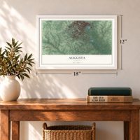 Augusta, Georgia map, 12 x 18 inch print in a white frame in an entryway