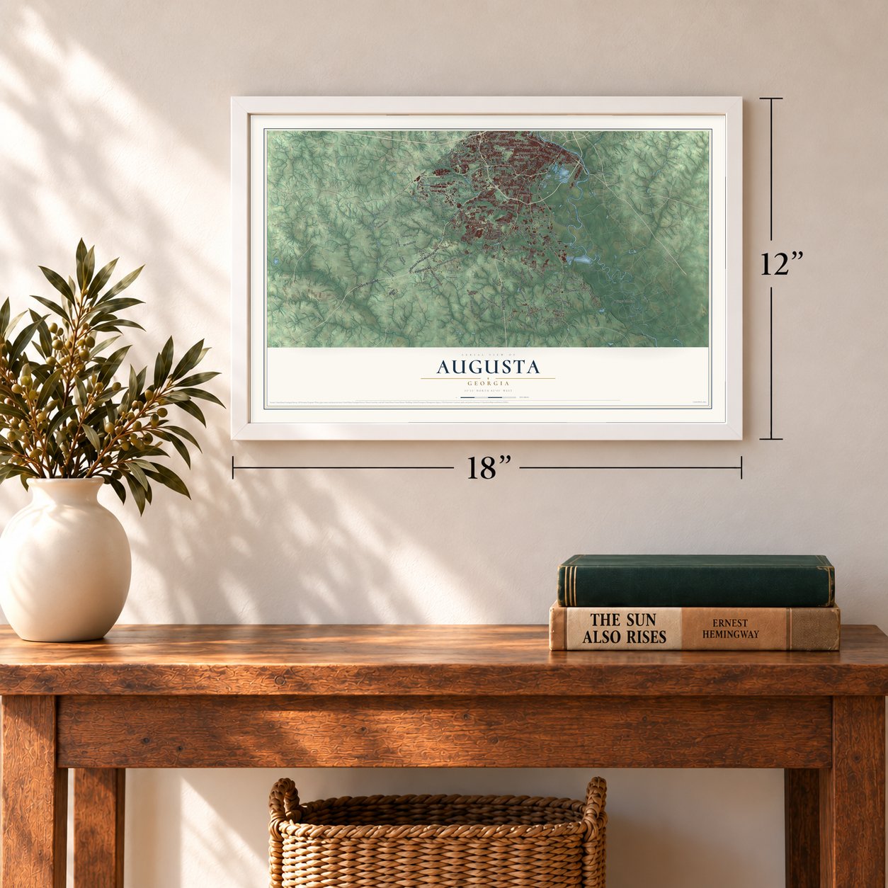 Augusta, Georgia map, 12 x 18 inch print in a white frame in an entryway