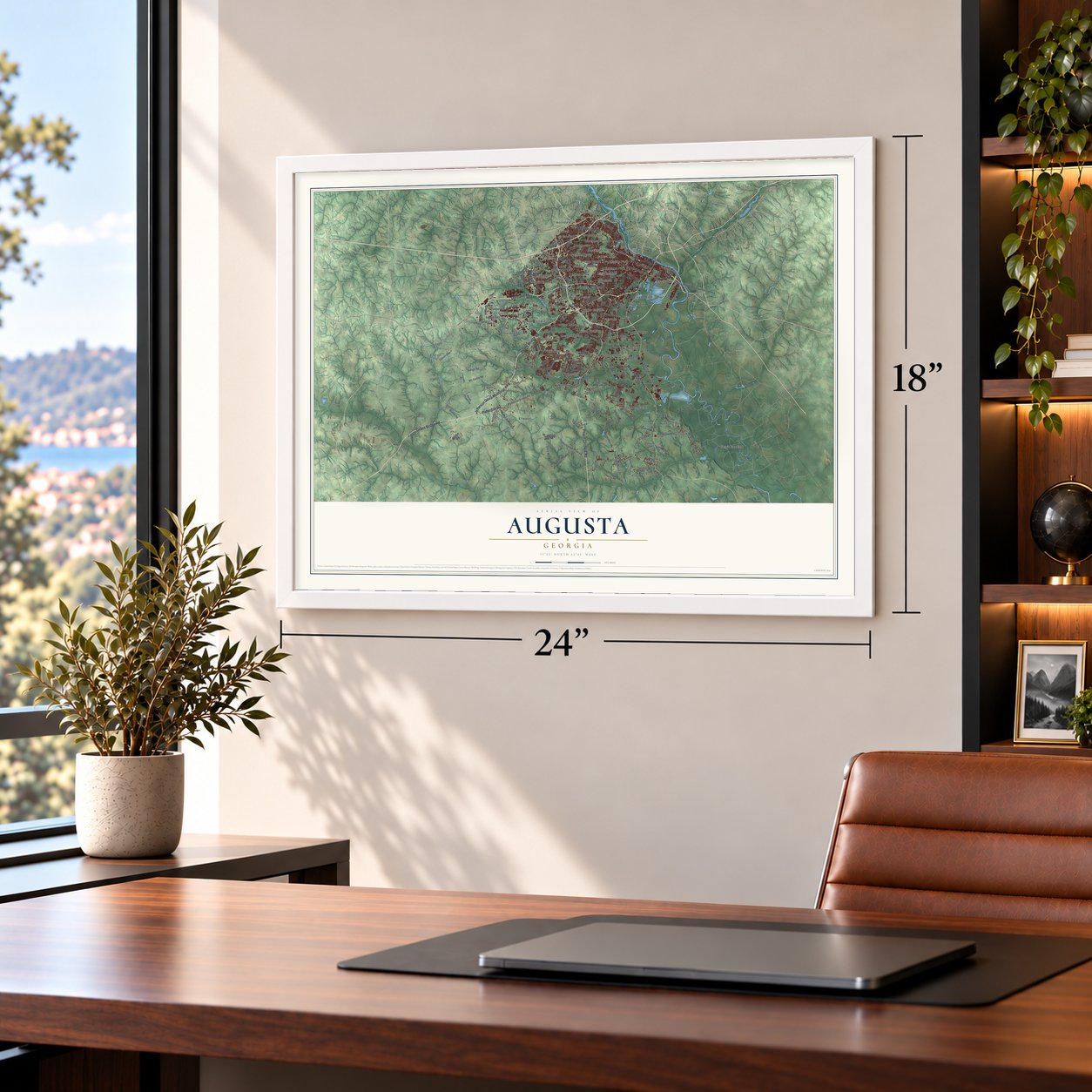Augusta, Georgia map, 18 x 24 inch print in a white frame in a home office