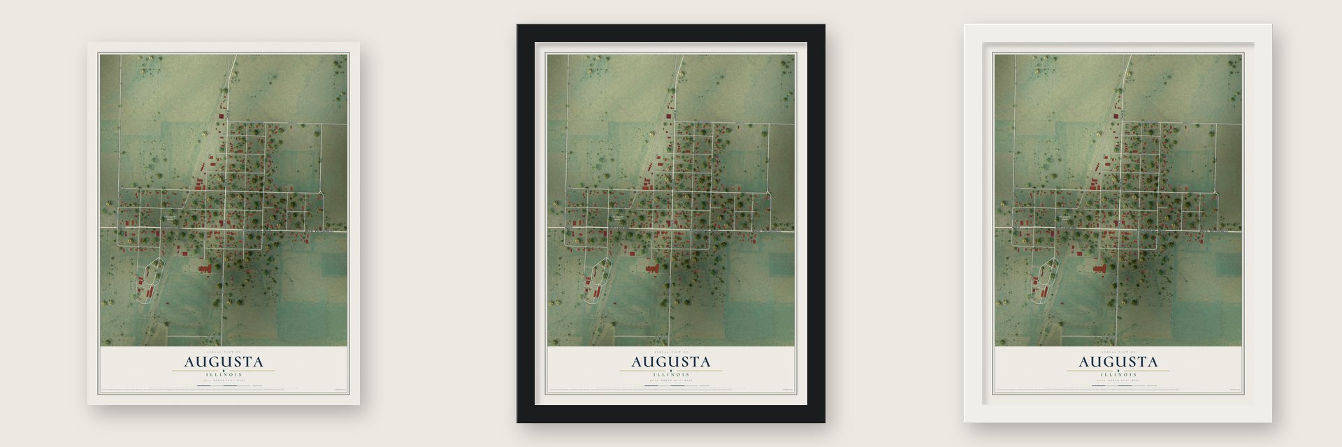 Augusta, Illinois map unframed, in a black wood frame and in a white wood frame