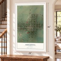 Augusta, Illinois map, 24 x 36 inch print in a white frame by a staircase