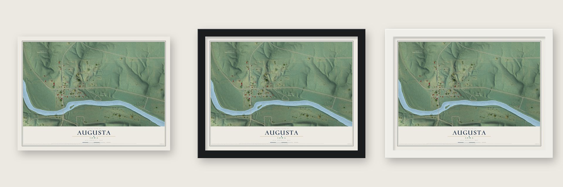 Augusta, Iowa map unframed, in a black wood frame and in a white wood frame