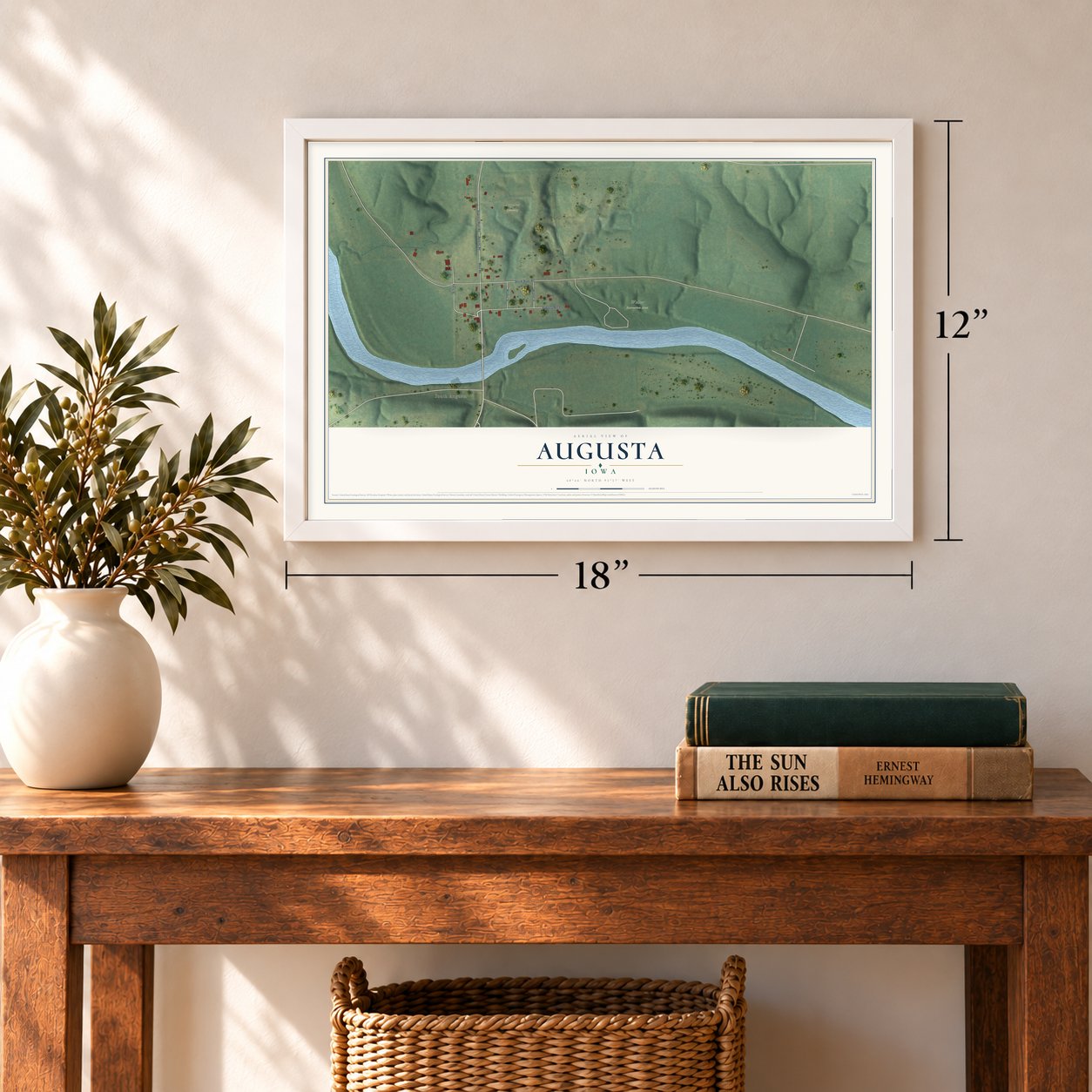 Augusta, Iowa map, 12 x 18 inch print in a white frame in an entryway