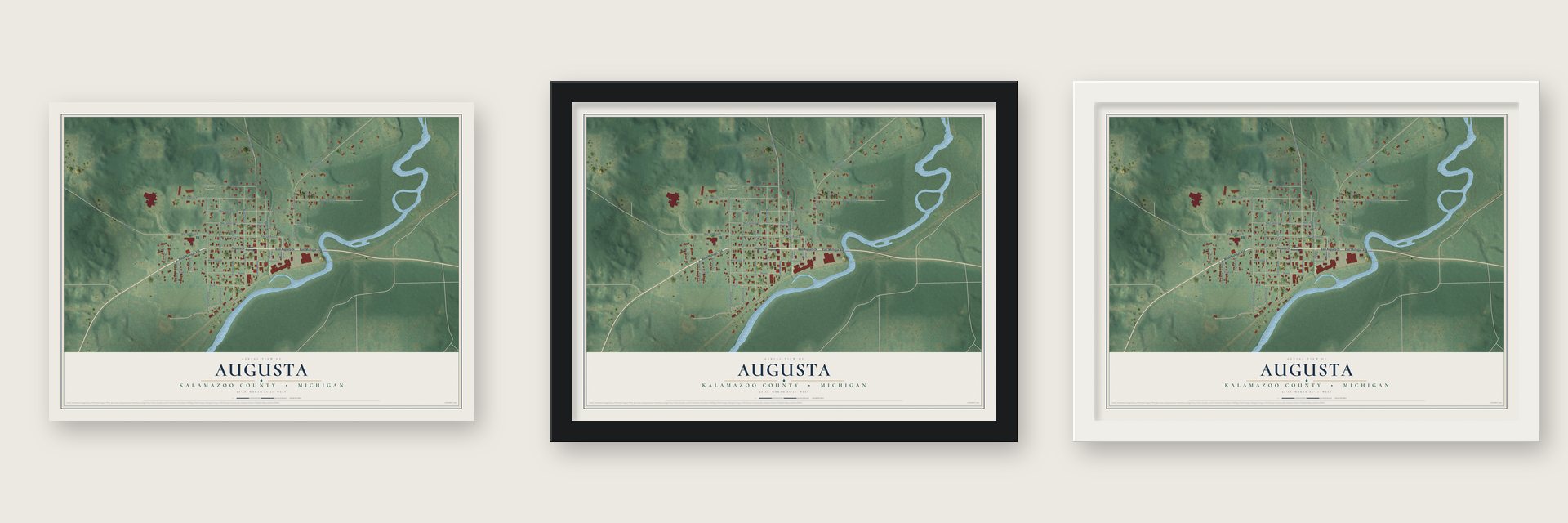 Augusta, Kalamazoo County, Michigan map unframed, in a black wood frame and in a white wood frame