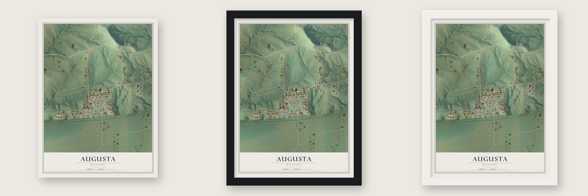 Augusta, Missouri map unframed, in a black wood frame and in a white wood frame