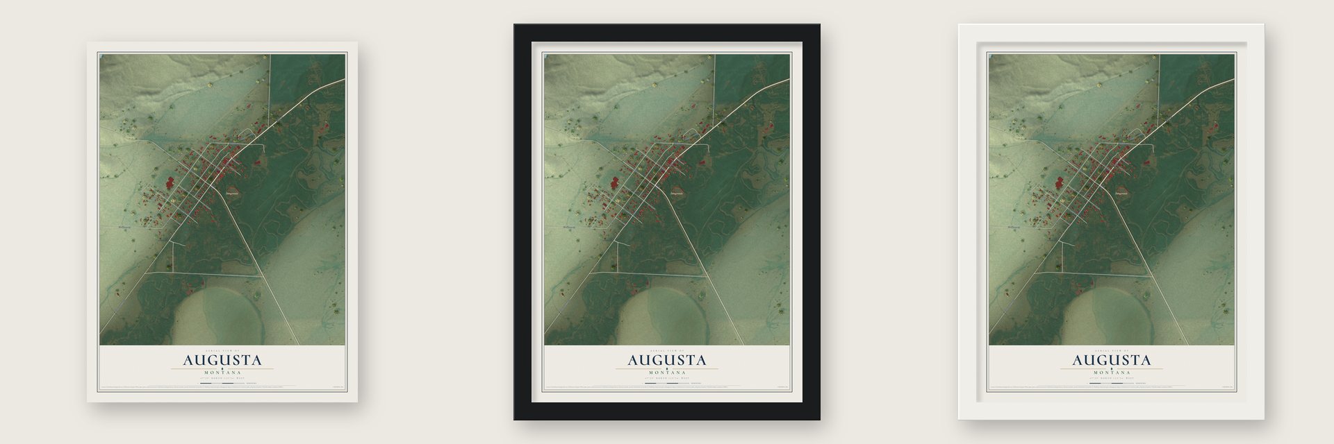 Augusta, Montana map unframed, in a black wood frame and in a white wood frame