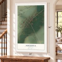 Augusta, Montana map, 24 x 36 inch print in a white frame by a staircase