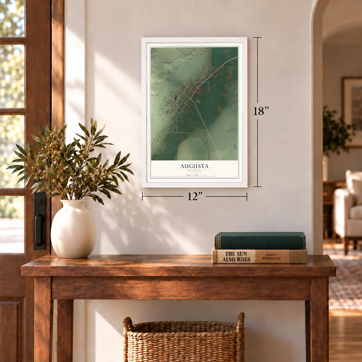 Augusta, Montana map, 12 x 18 inch print in a white frame in an entryway