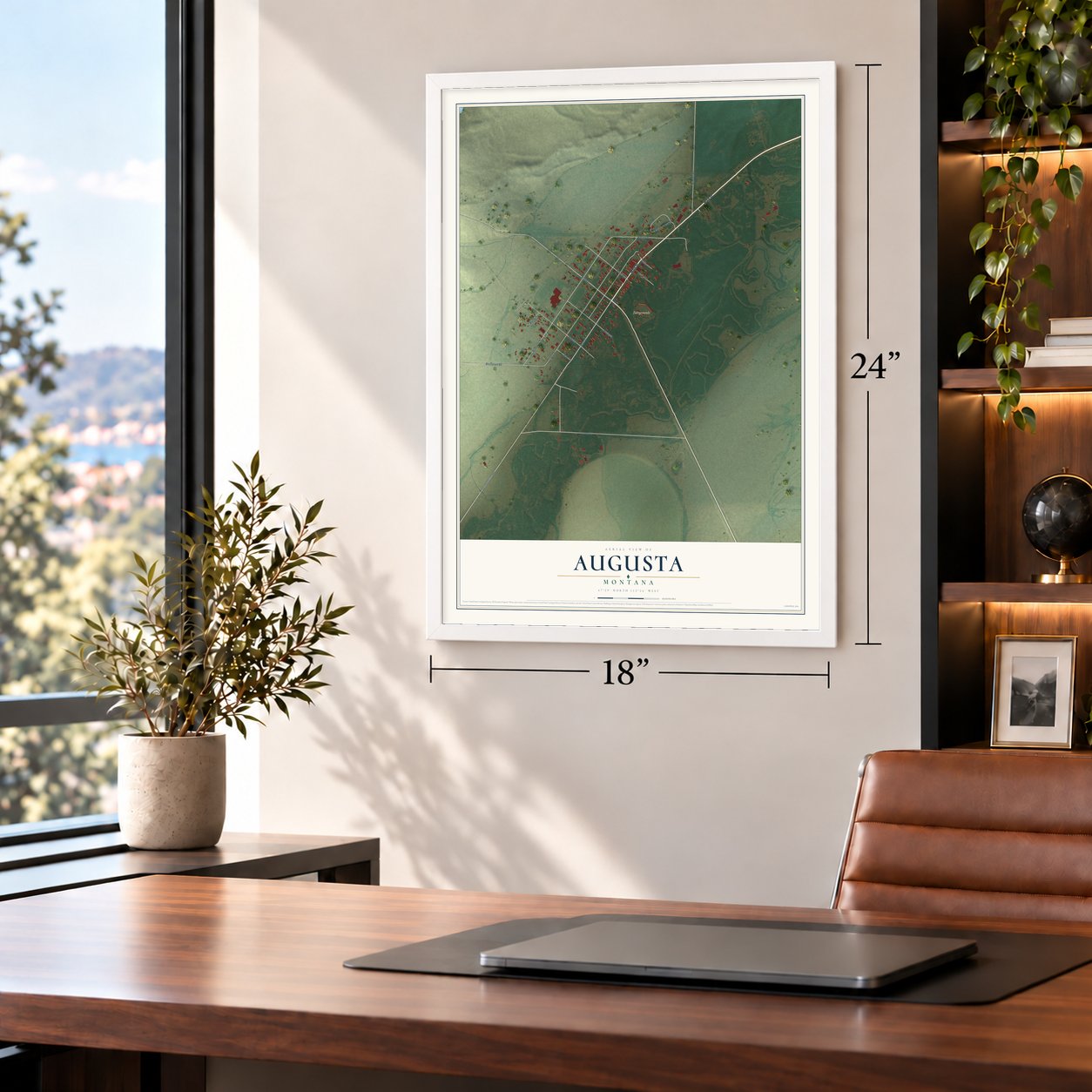 Augusta, Montana map, 18 x 24 inch print in a white frame in a home office