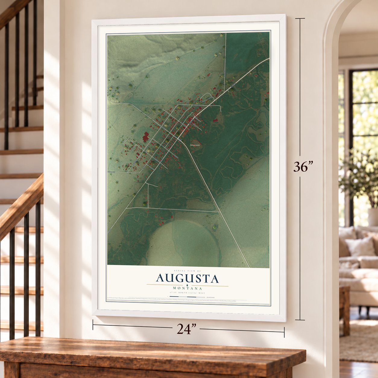 Augusta, Montana map, 24 x 36 inch print in a white frame by a staircase