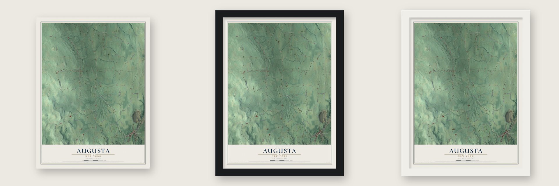 Augusta, New York map unframed, in a black wood frame and in a white wood frame