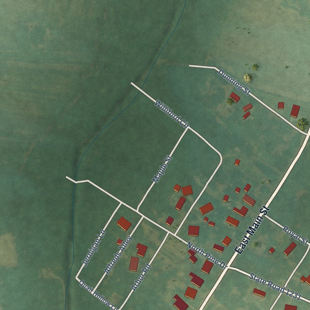 Second close-up of the map of Aulander, North Carolina print showing more streets and buildings