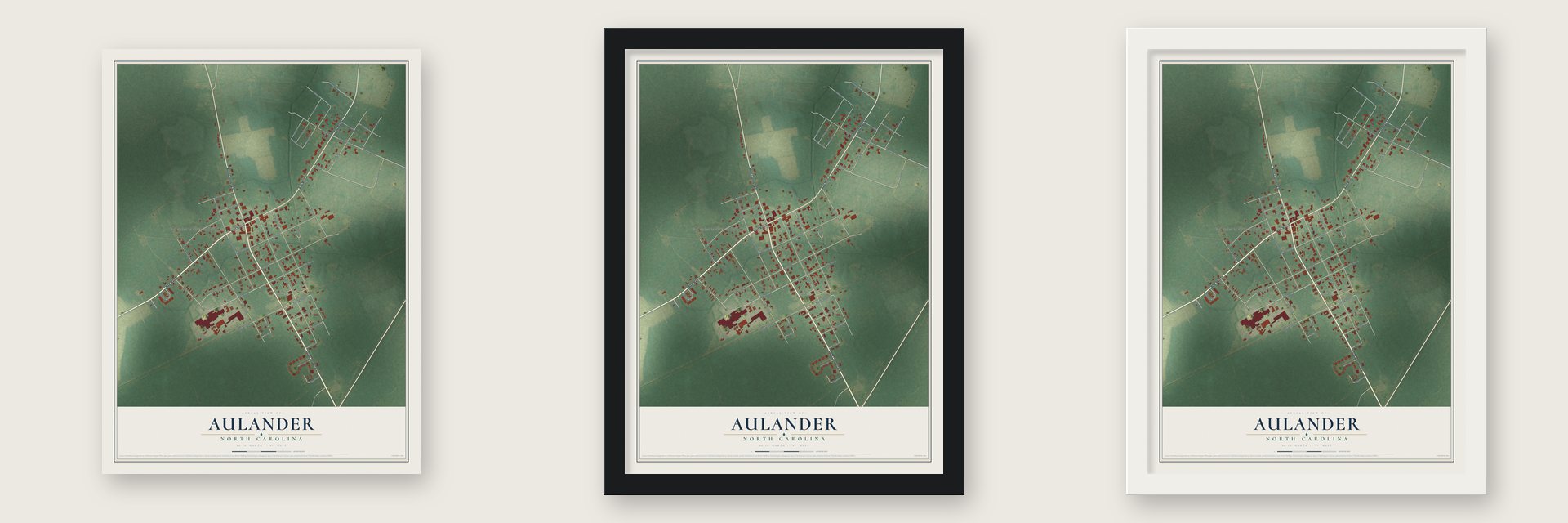Aulander, North Carolina map unframed, in a black wood frame and in a white wood frame