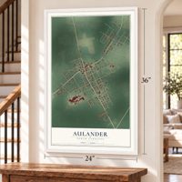 Aulander, North Carolina map, 24 x 36 inch print in a white frame by a staircase